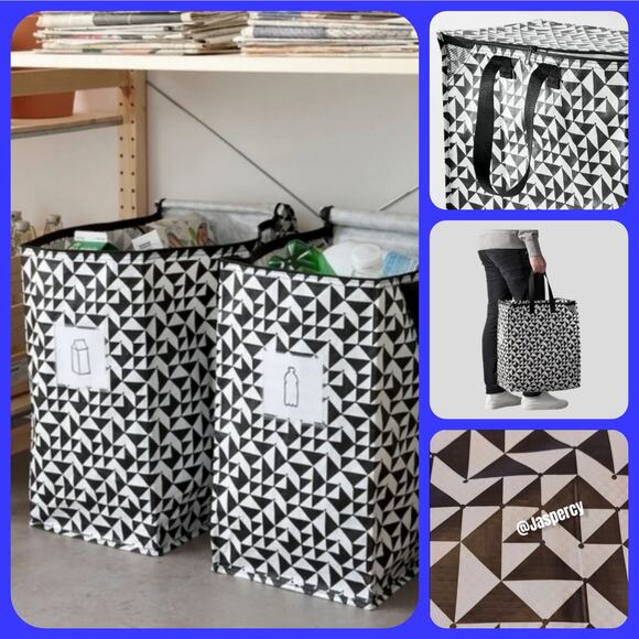 IKEA - KNALLA Two (2) Tote Bags 12 Gal Black & White Geometric Storage Bag Zip - Picture 4 of 10